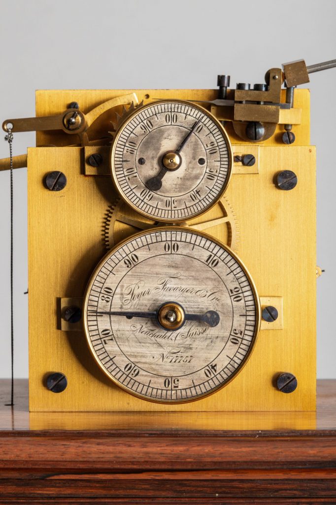 The dial on a Hipp chronoscope, showing thousandths and tenths of a second